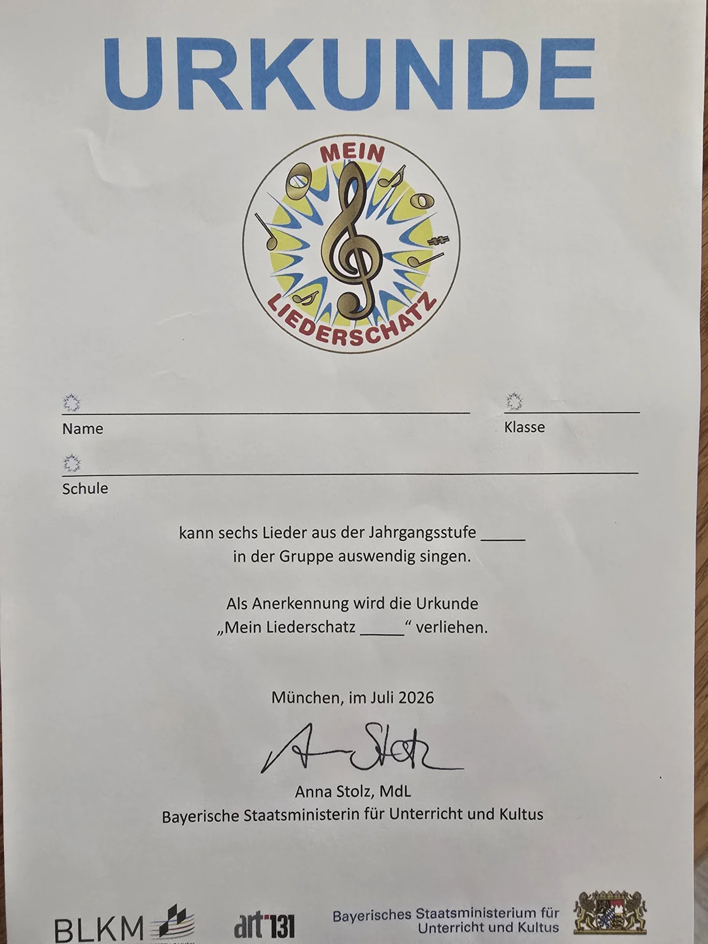 Liederschatz Urkunde