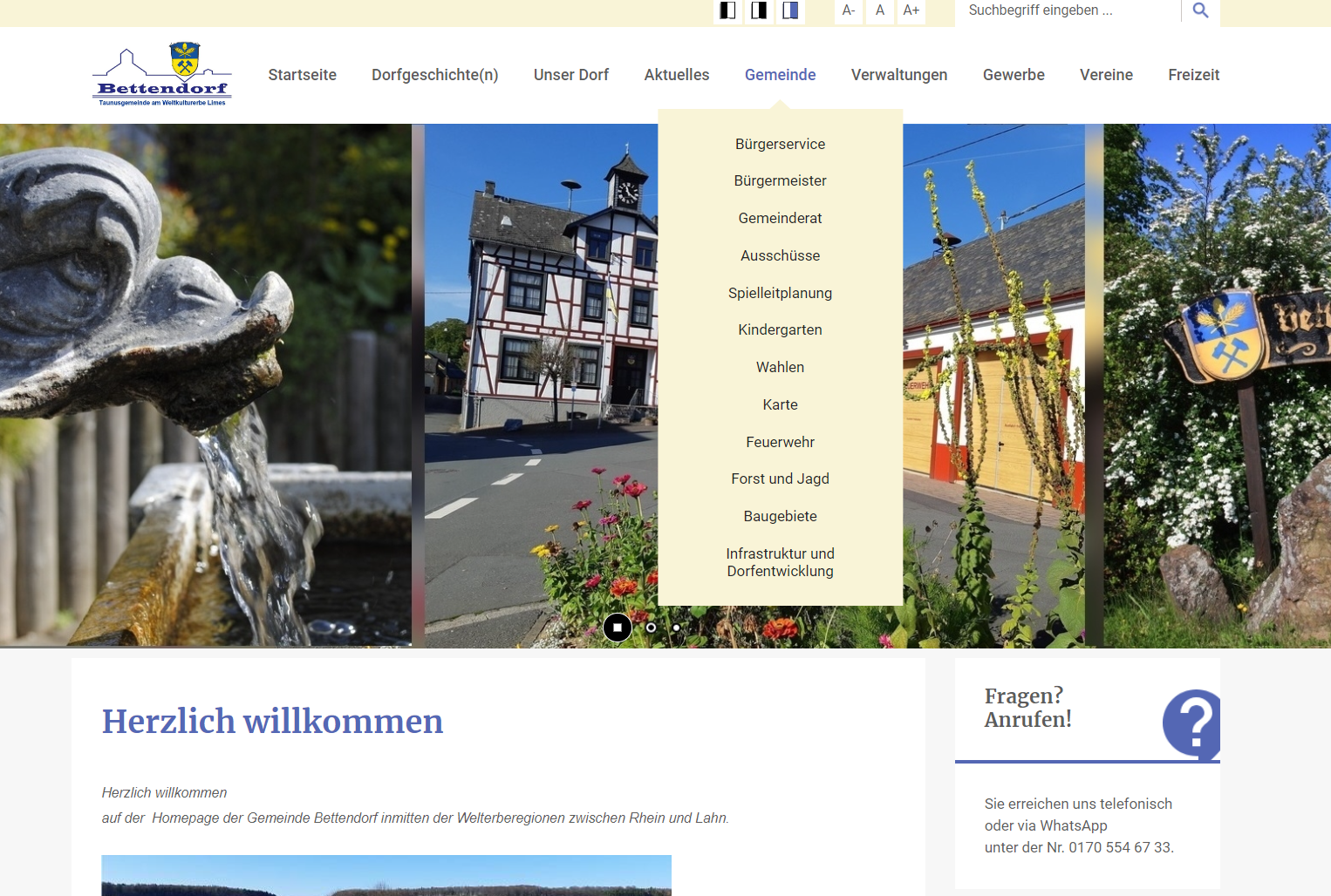 Homepage Bettendorf 2024; PC Ansicht mit Untermenue