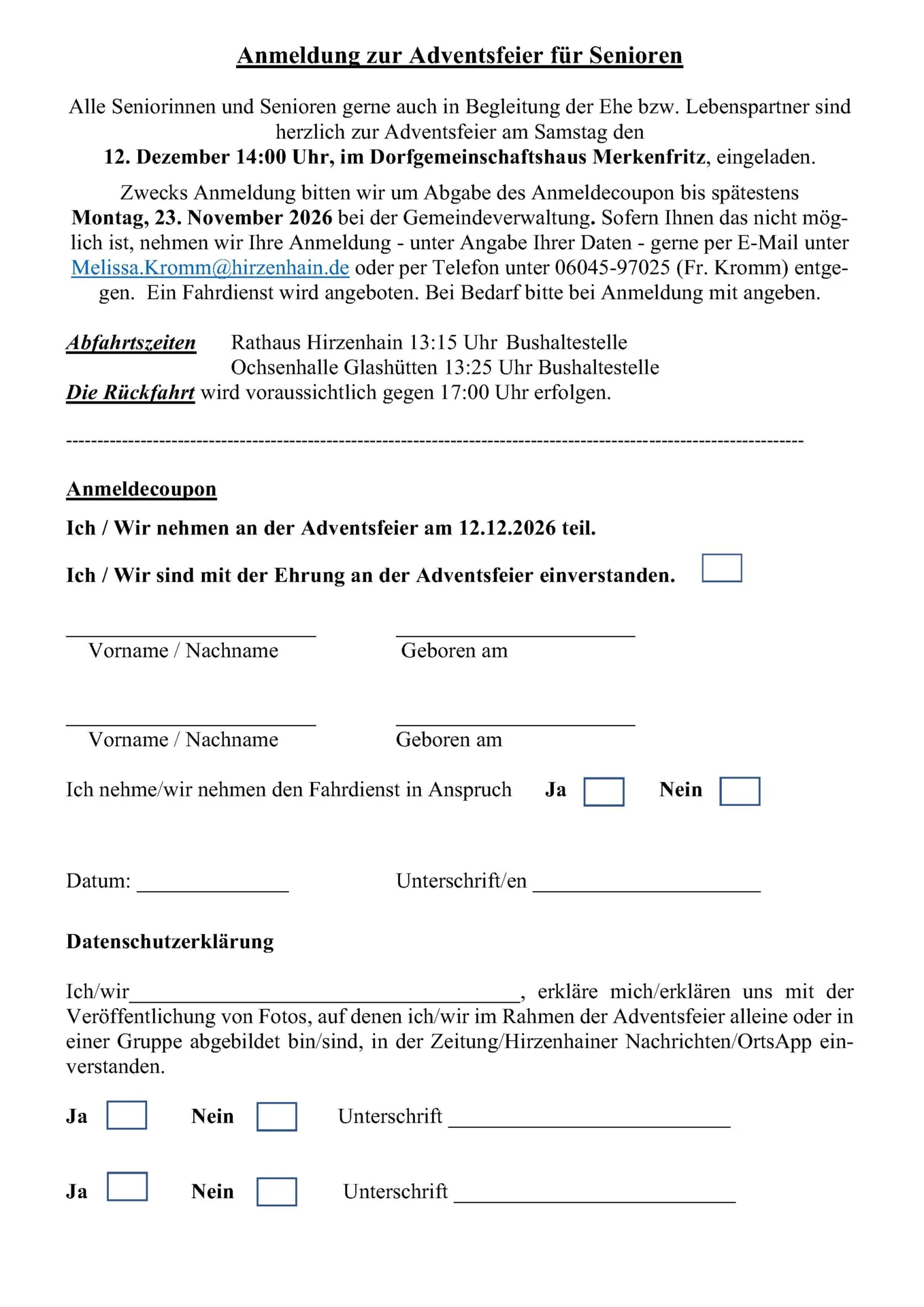 Adventsfeier Anmeldung  2026