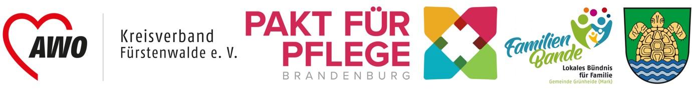 Logos AWO Kreisverband Fürstenwalde e.V., Pakt für Pflege Brandenburg, Familienbande Lokales Bündnis fuer Familie Gemeinde Grünheide (Mark) u. Gemeinde Grünheide (Mark)