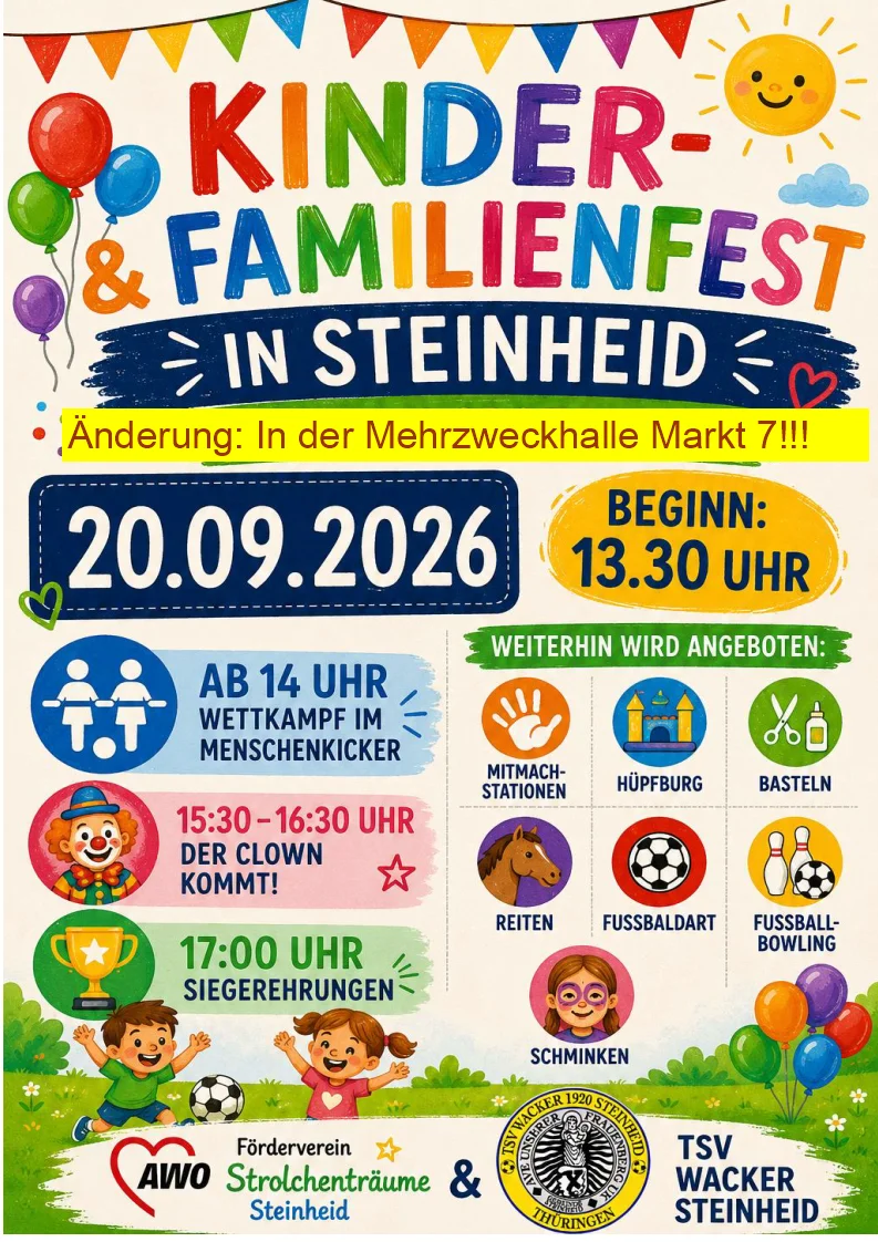 Kinderfest Steinheid 20.09.2026 geändert