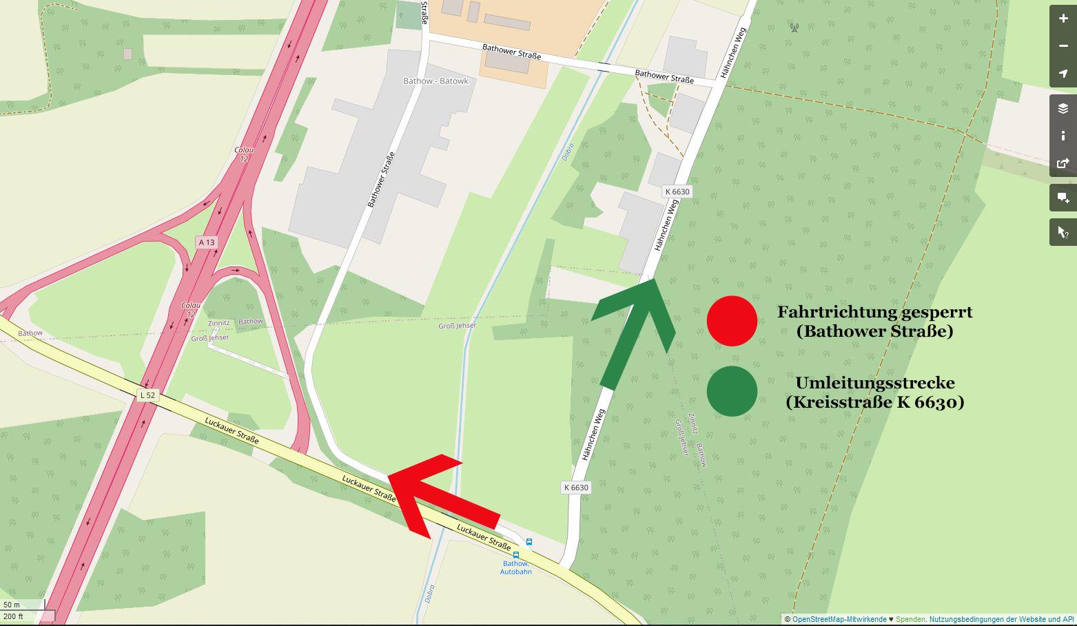 Schematische  Darstellung der Sperrung sowie alternativen Zufahrt von Bathow. Grafik: OpenStreetMap