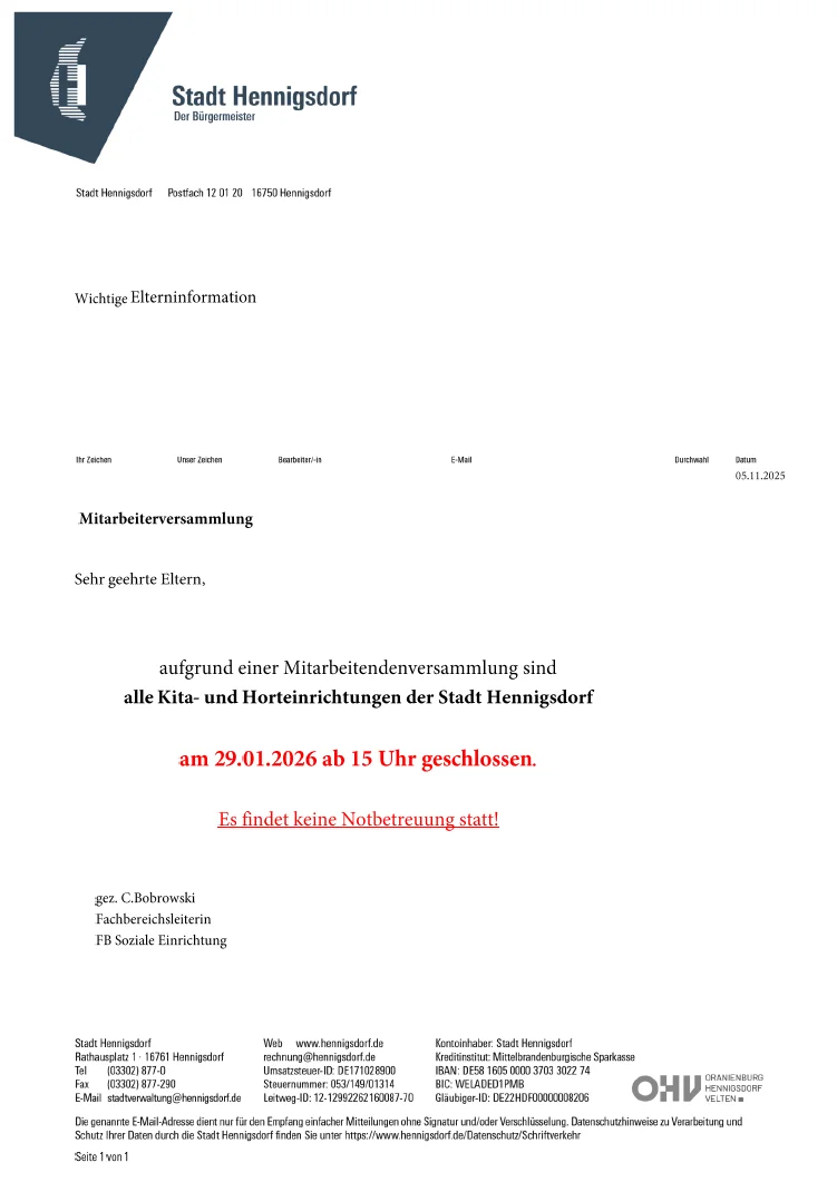 Kita schließt 15 Uhr