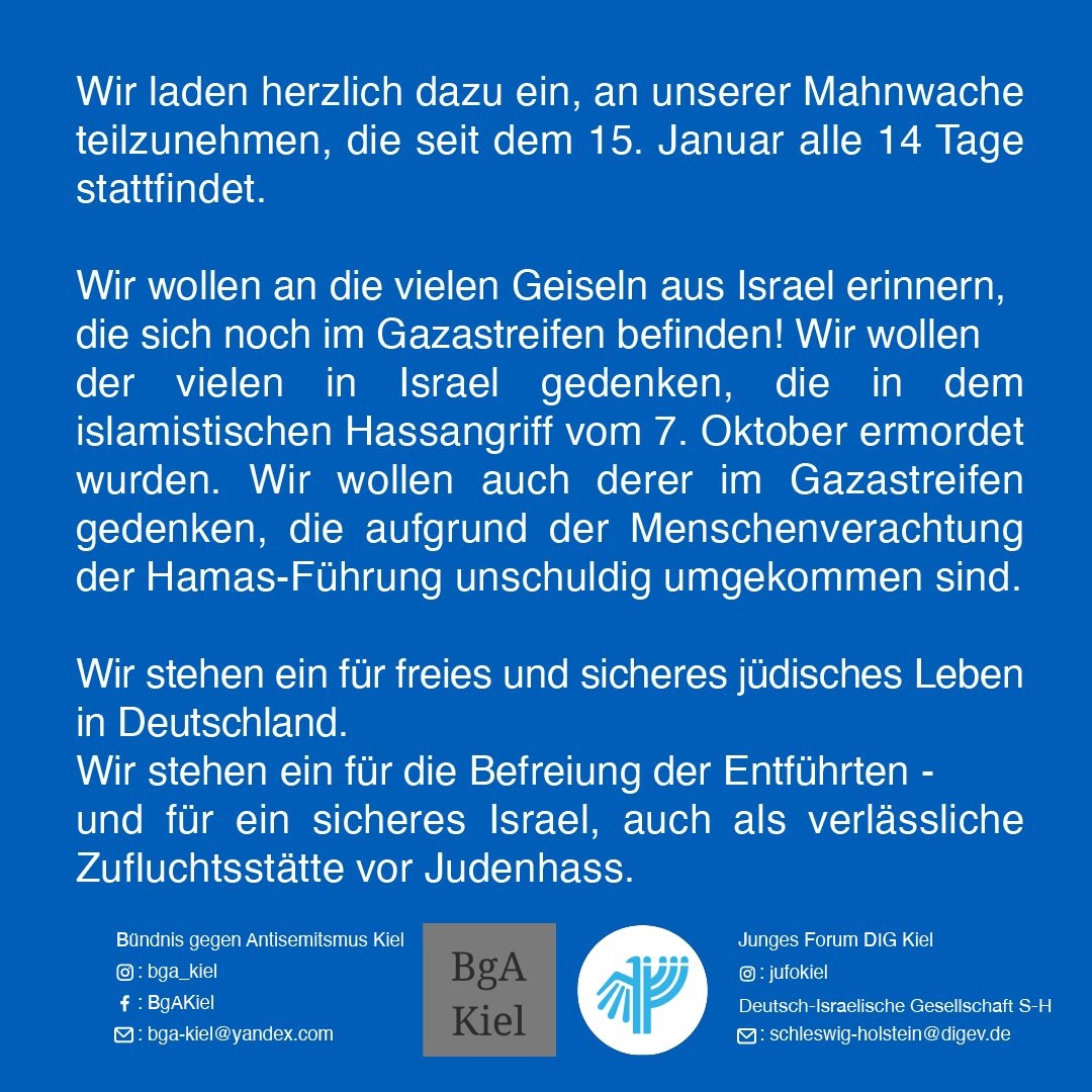 Zusammen für freies jüdisches Leben - Am Israel Chai! Mahnwache am 12. Februar 2024 am Asmus-Bremer-Platz in Kiel