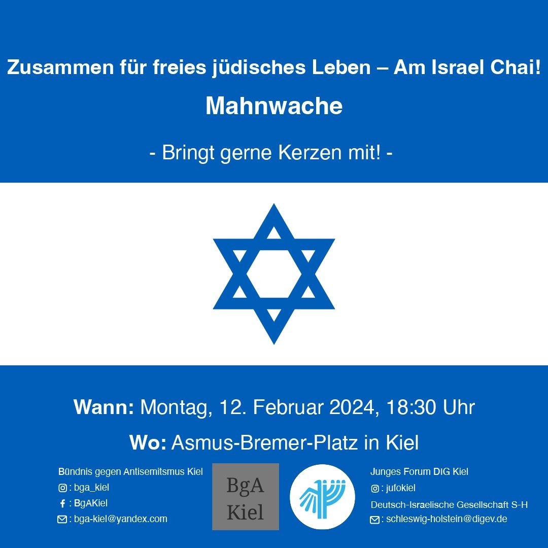Zusammen für freies jüdisches Leben - Am Israel Chai! Mahnwache am 12. Februar 2024 am Asmus-Bremer-Platz in Kiel