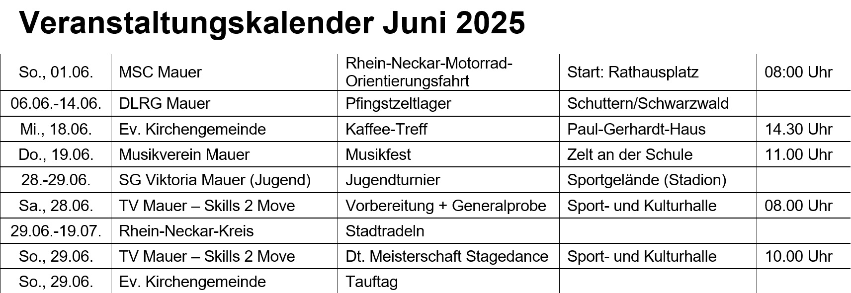 Veranstaltungskalender Juni 2025
