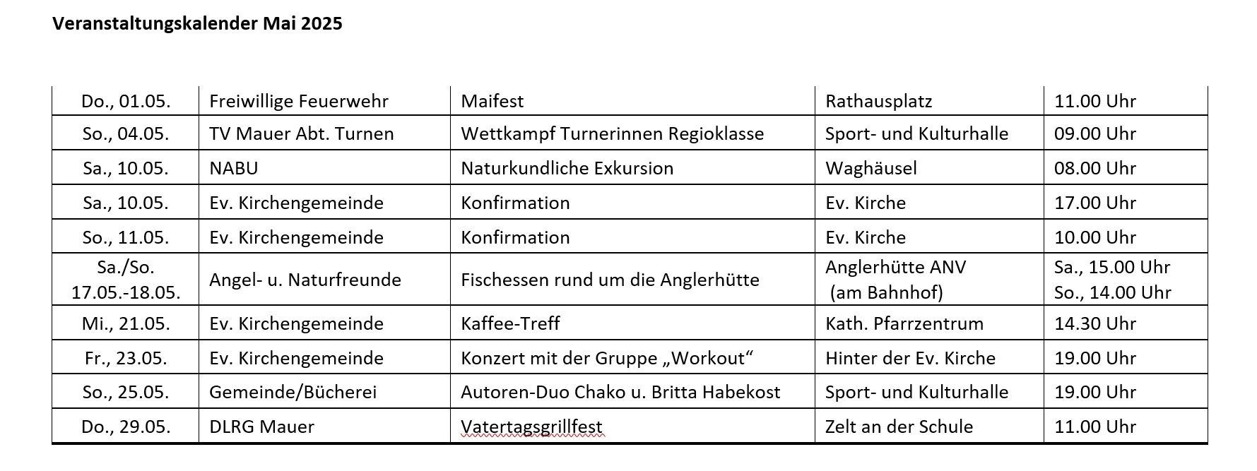 Veranstaltungskalender Mai 2025