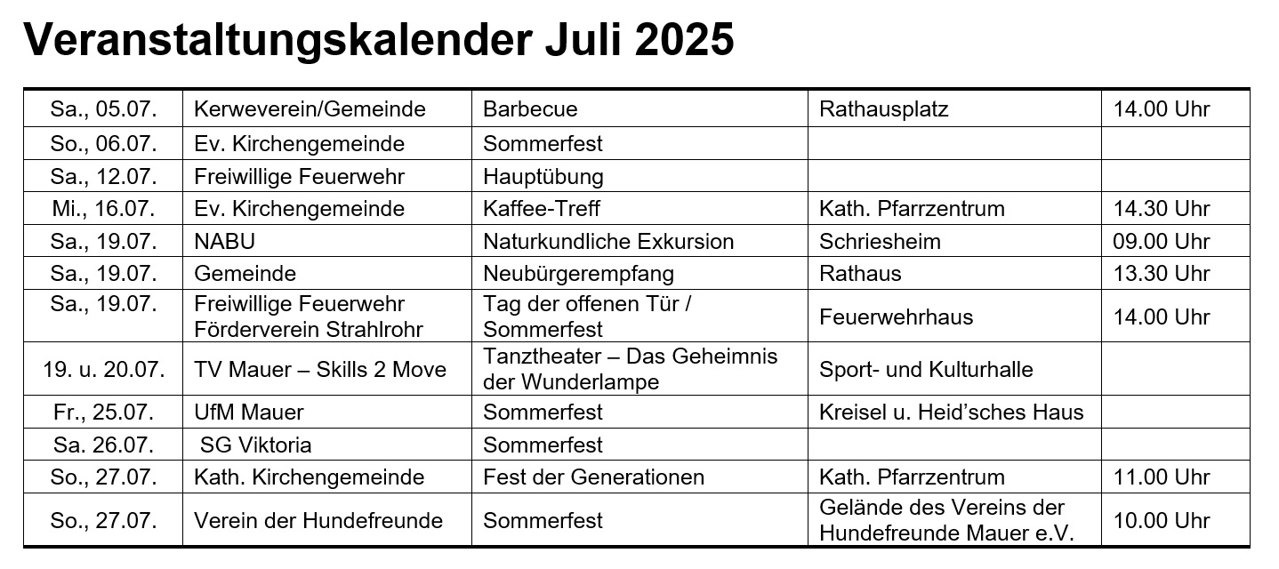 Veranstaltungskalender Juli 2025