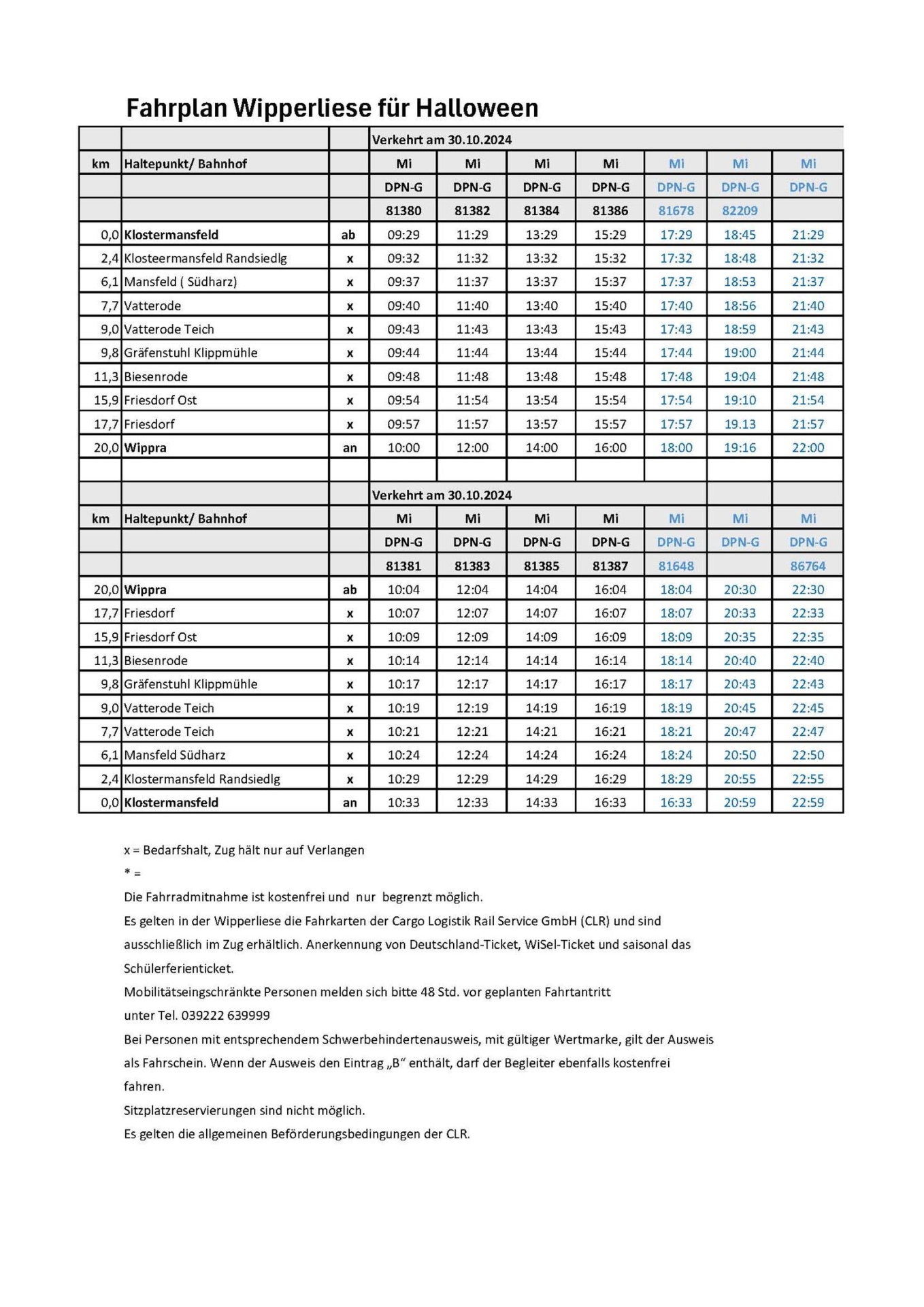 Fahrplan Halloweenfahrt mit der Wipperliese