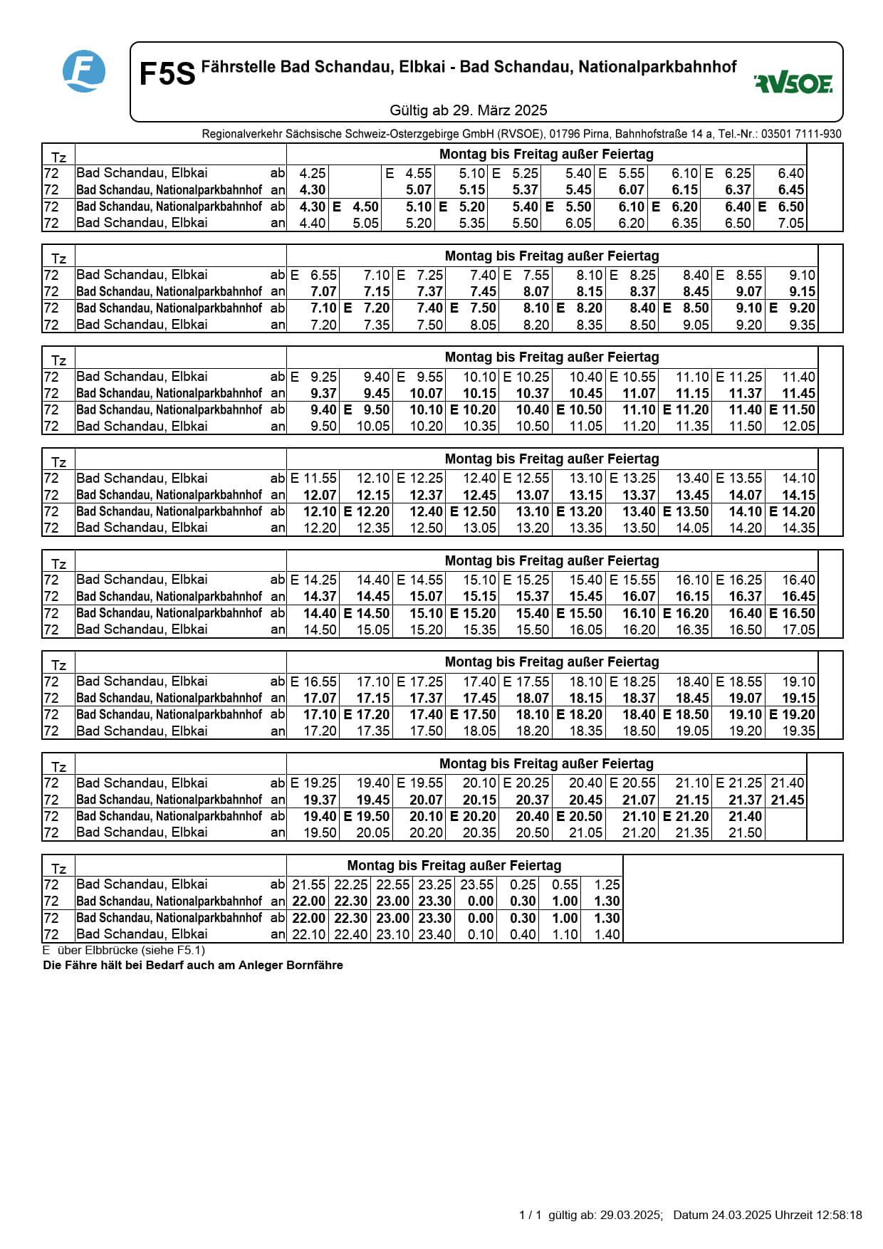 Fahrplan F5 Nationalparkbahnhof/Elbkai Bad Schandau werktags