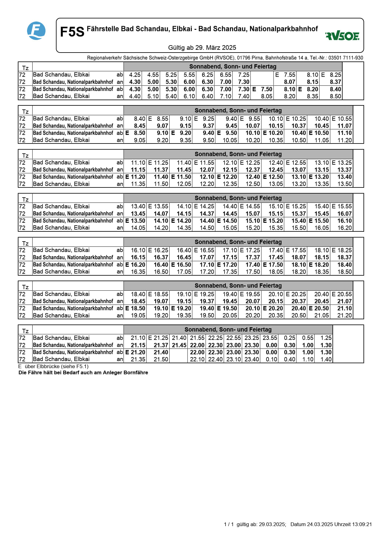 Fahrplan F5 Nationalparkbahnhof/Elbkai Bad Schandau Wochenende/Feiertage