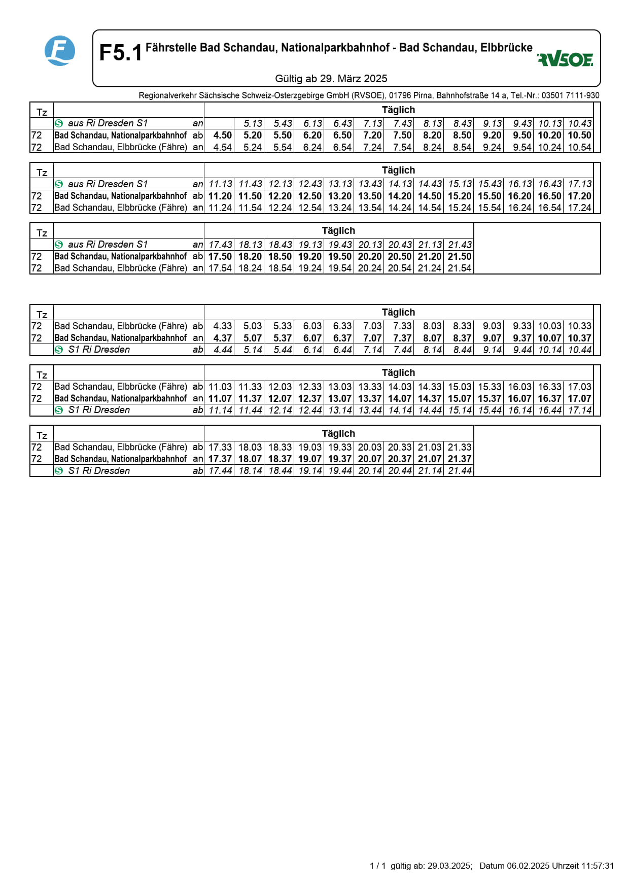 Fahrplan F5.1 Nationalparkbahnhof/Elbbrücke Bad Schandau