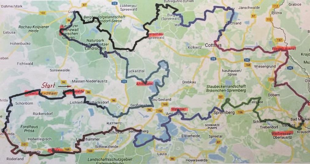 Die Karte zeigt die Strecke der Jubiläumstour der Rodenbacher Radgruppe. Zwei Wochen werden sie in der Lausitz unterwegs sein.