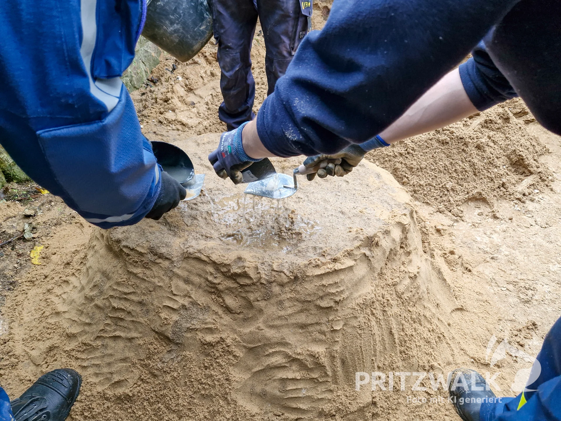 Das Gemisch aus Kalk und Sand wird mit Wasser benetzt. Foto: Stadt Pritzwalk