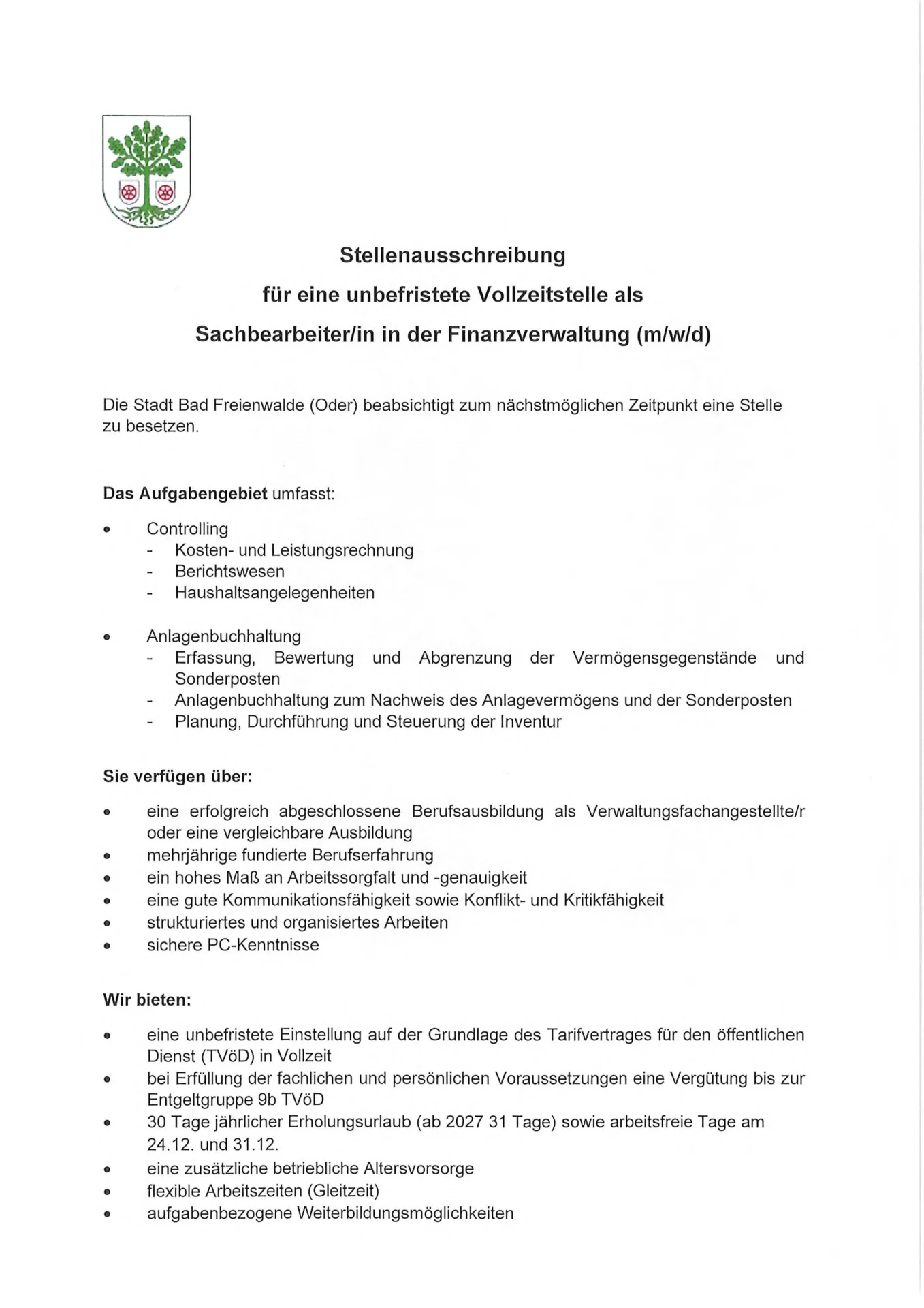 Stellenausschreibung für eine unbefristete Vollzeitstelle als Sachbearbeiter/in in der Finanzverwaltung (m/w/d)