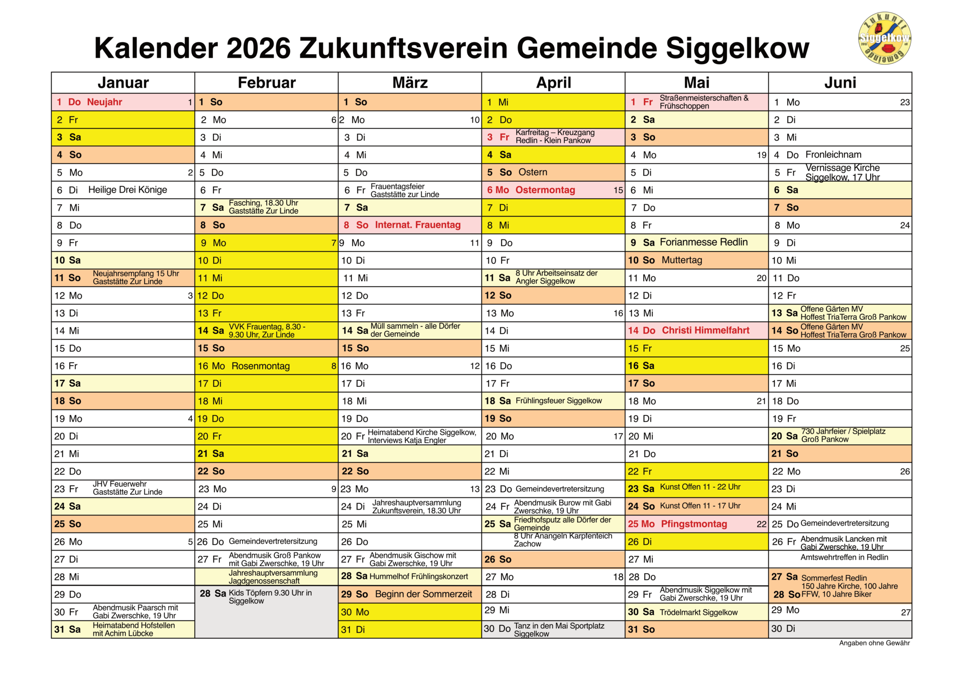 Kalenderblatt 2026 1. Halbjahr