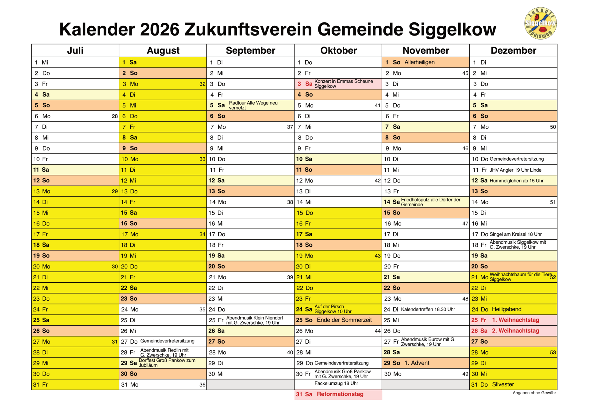 Kalenderblatt 2026 2. Halbjahr