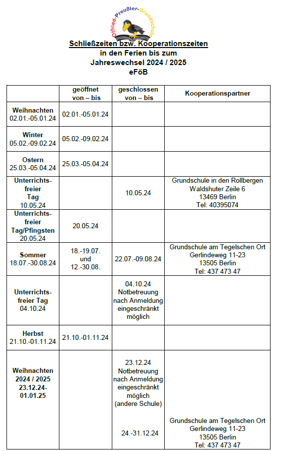 Schließzeiten 24 25