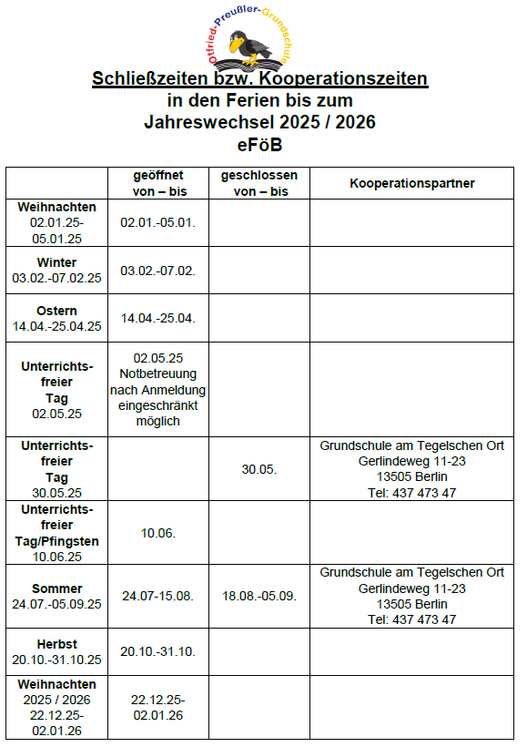 Schließzeiten 25 26