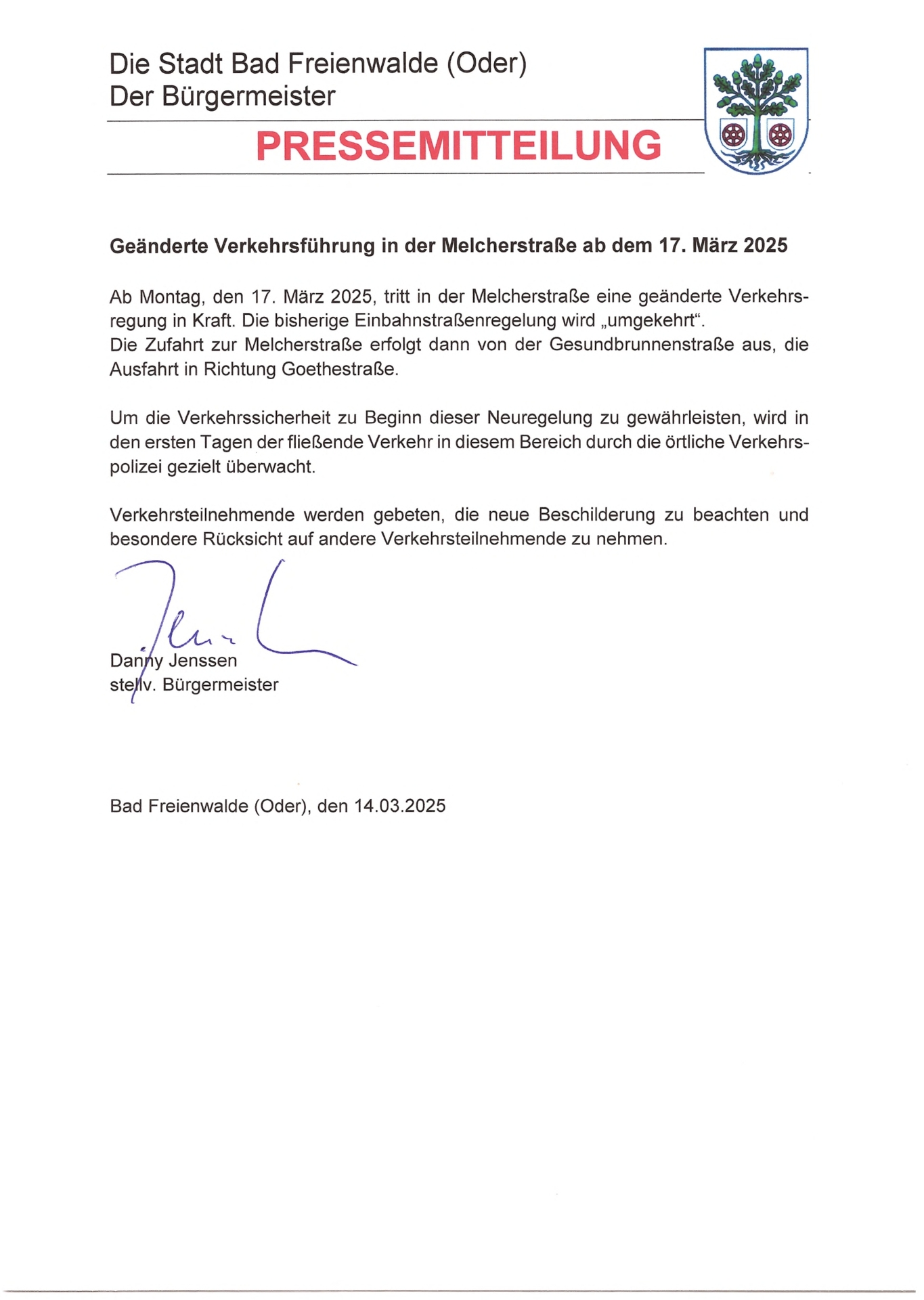 Geänderte Verkehrsführung in der Melcherstraße ab dem 17. März 2025