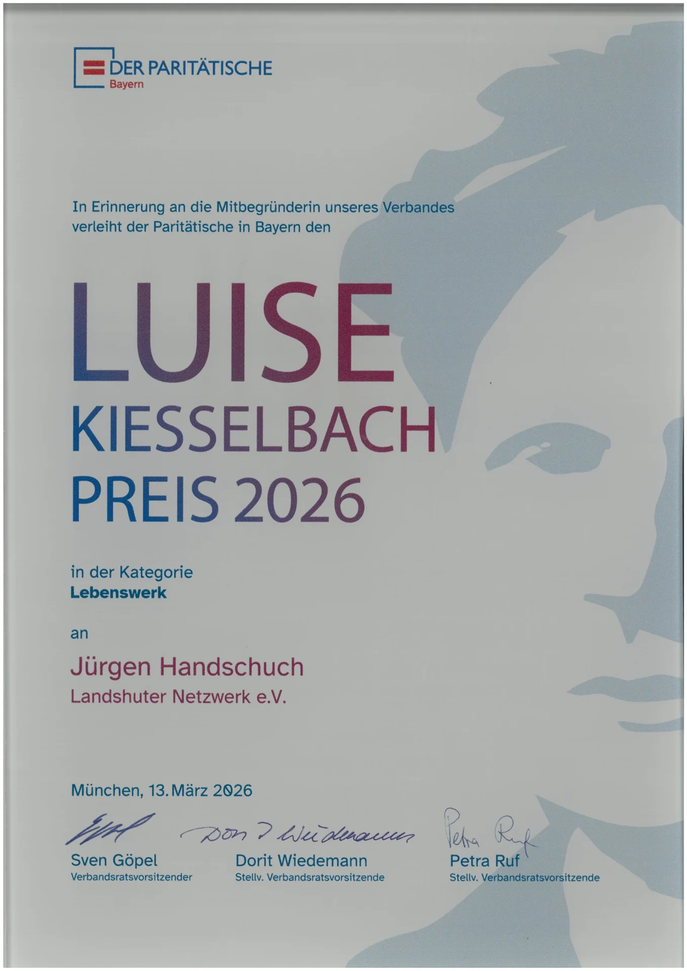 Urkunde Jürgen Handschuch Luise Kiesselbach Preis 2026