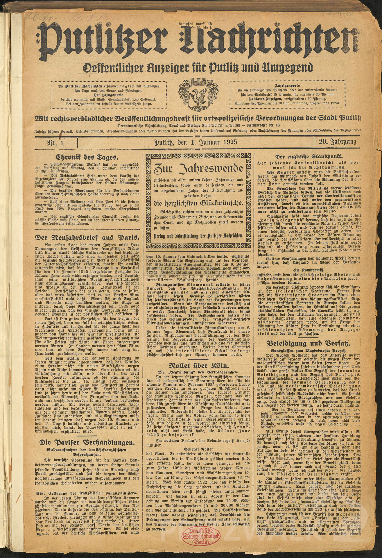 Zeitungsseite von 1925 der „Putlitzer Nachrichten“. Foto: Sandra Busch