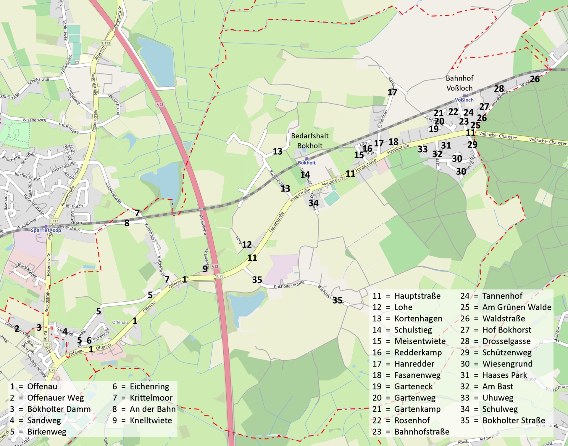 Ortsplan Bokholt-Hanredder / Quelle: MapTiler / OpenStreetMap