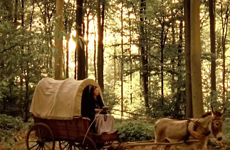 Frau mit Esel im Wald