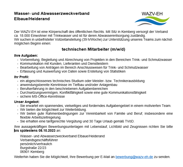 Stellenausschreibung techn. Mitarbeiter