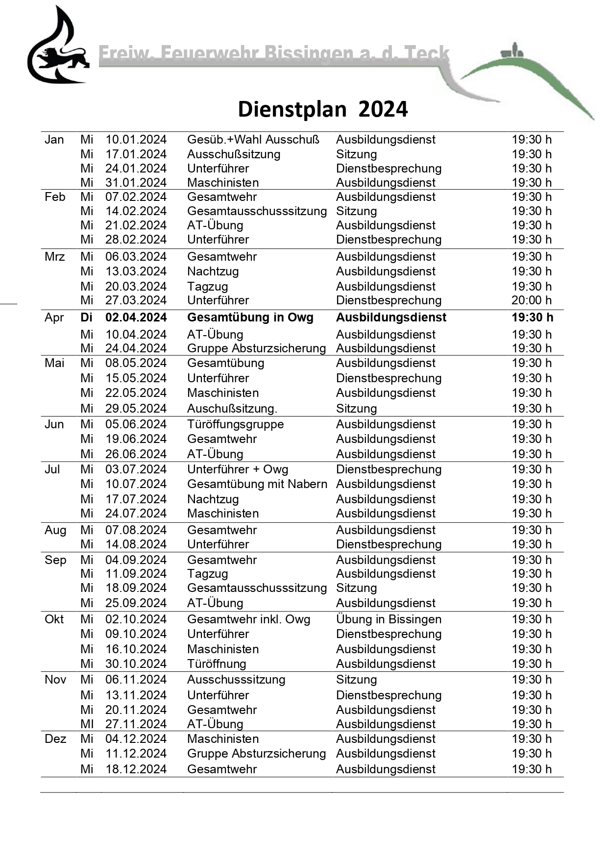 Dienstplan 2024