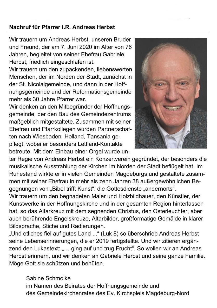 Nachruf Pfarrer i.R. Andreas Herbst