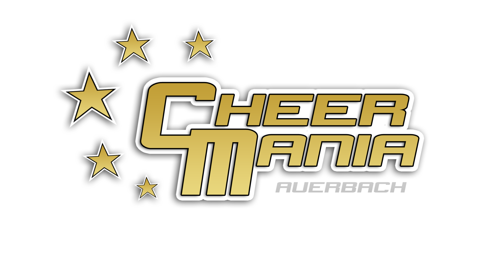  Logo CheerMania e.V. in schwarz,  gold und weiß. Links neben dem Logo befinden sich fünf goldene Sterne als Umrahmung.