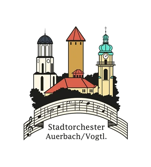Logo Stadorchester Auerbach. Das Logo zeigt die drei Türme von Auerbach, welche aus Baumsilouetten herausragen. Im Vordergrund befindet sich eine geschwungene Notenzeile und der Schriftzug "Stadtorchester Auernach / Vogtl..