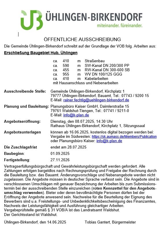 öffentliche Ausschreibung Erschließung Baugebiet Hub Ühlingen