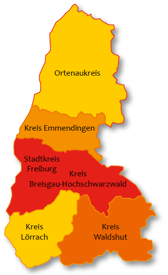 Übersichtskarte des Einzugsgebietes der Esther-Weber-Schule  (Landkreise: Ortenaukreis,  Emmendingen, Stadtkreis Freiburg, Breisgau-Hochschwarzwald, Lörrach, Waldshut)