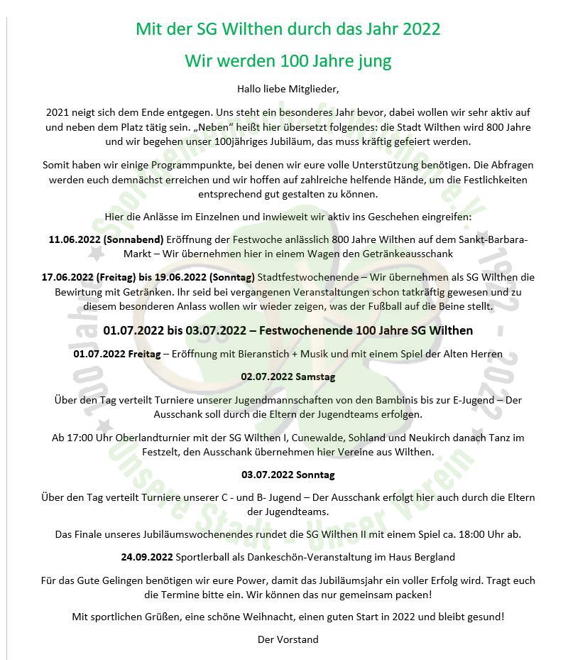 Newsletter Dezember 2021 für 100 Jahre SG Wilthen