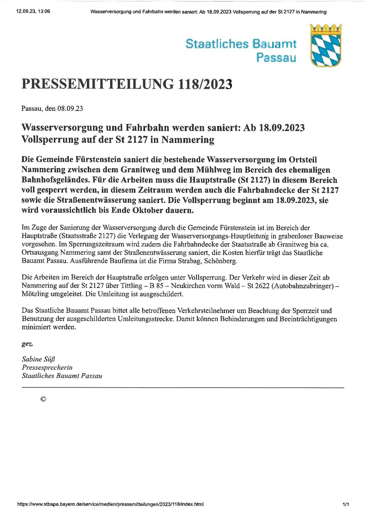 Pressemitteilung_Vollsperrung auf der St 2127 in Nammering