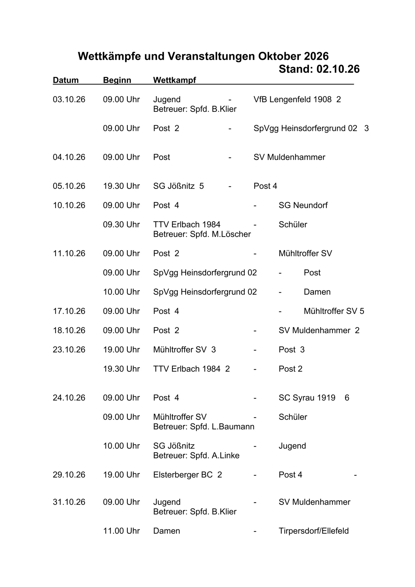 Spielbetrieb ab 011026