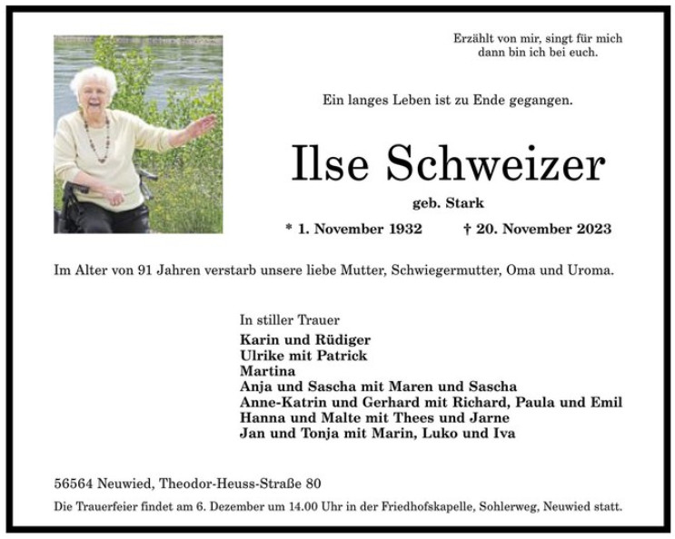Todesanzeige Ilse Schweizer
