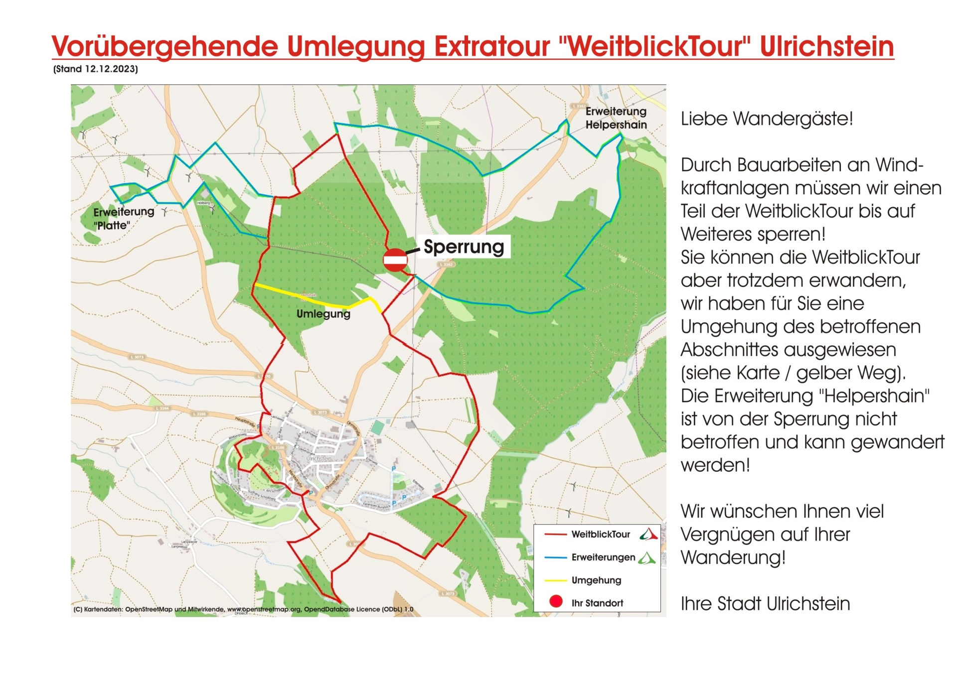 Karte für vorübergehende Umlegung der Extratour "WeitblickTour" Ulrichstein