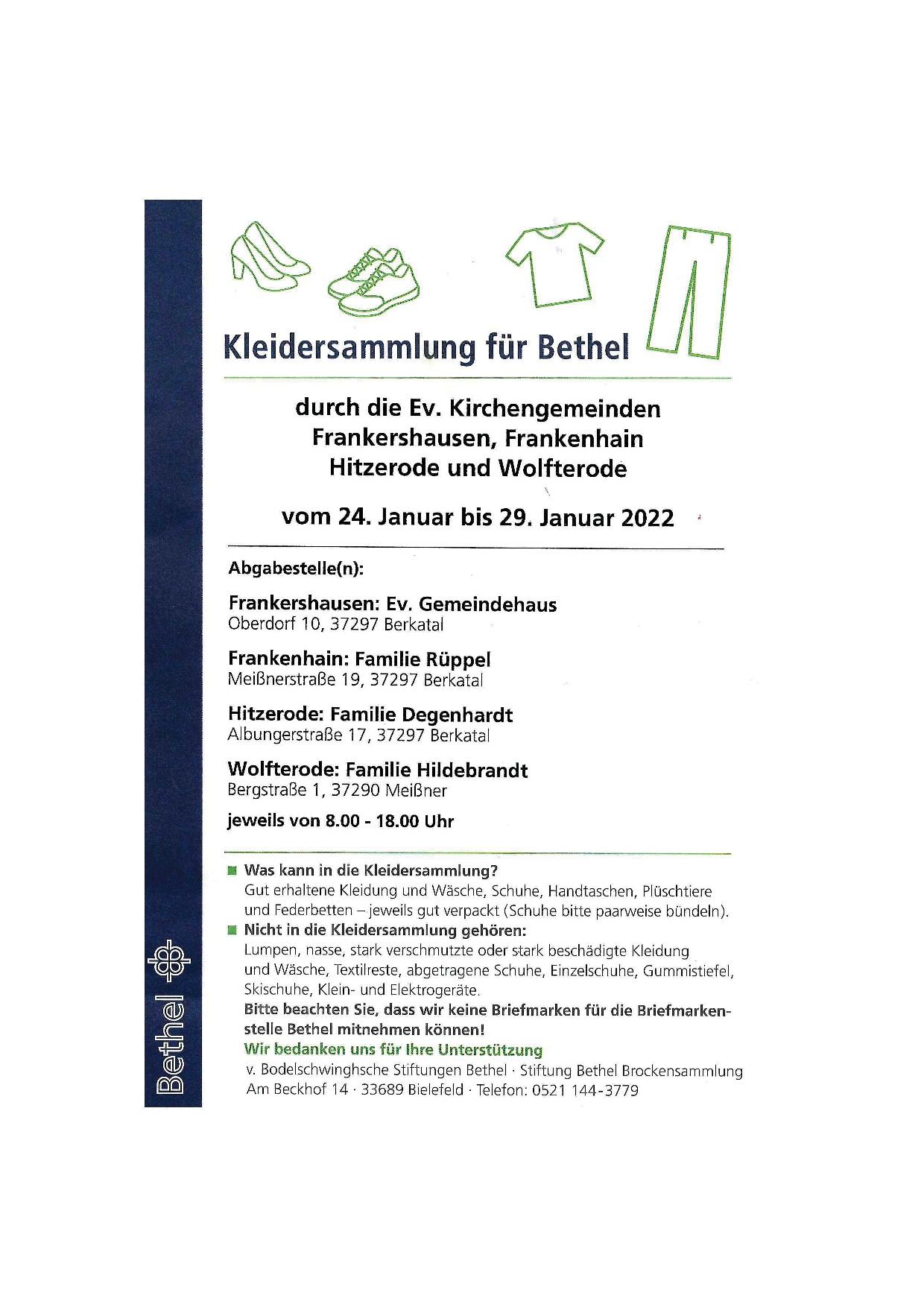 Kleiderspendensammlung Bethel 24.-29. Januar 2022