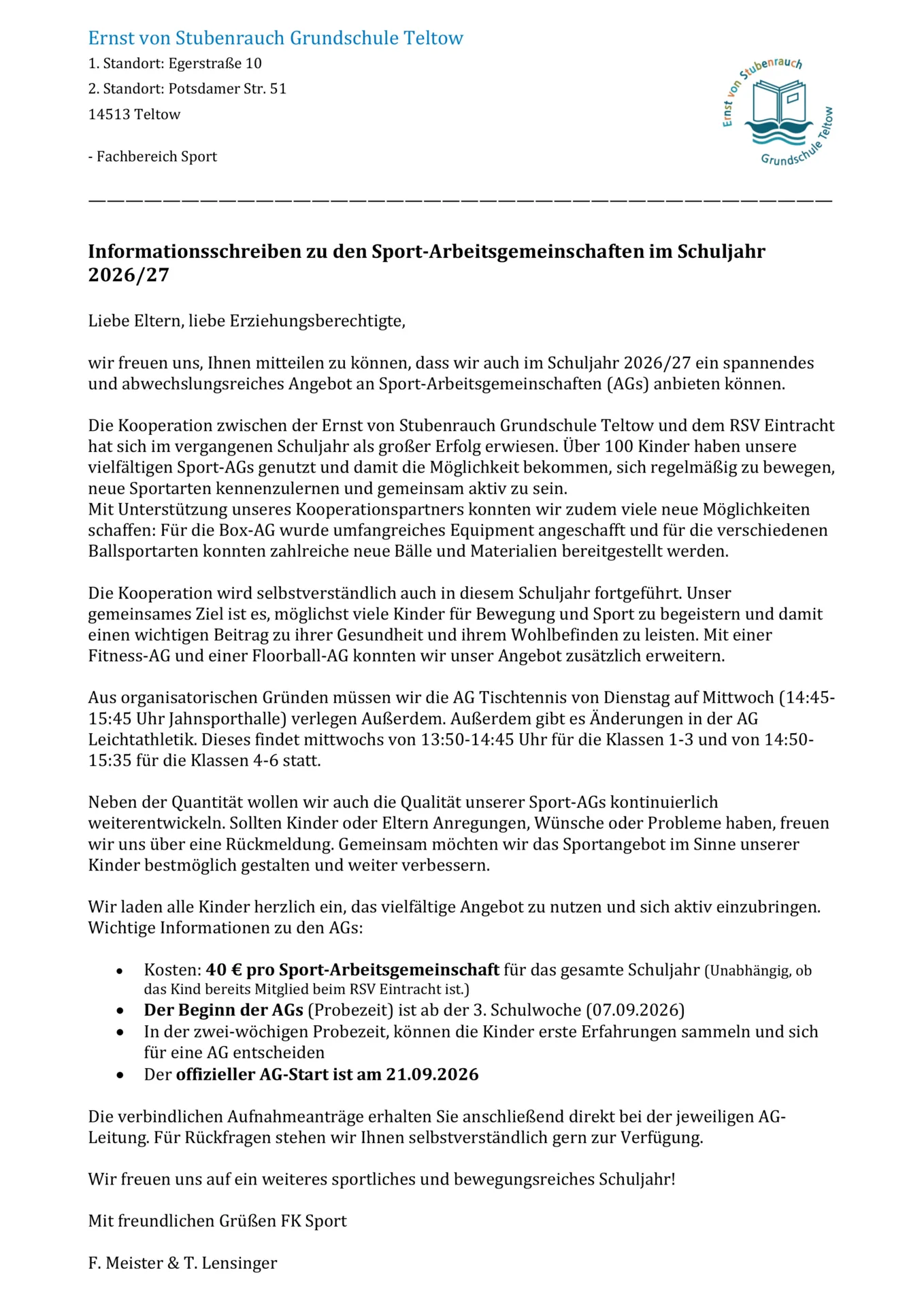 Infoschreiben Sport AG