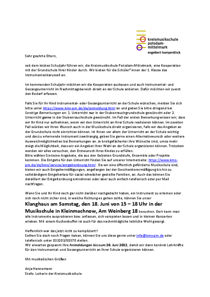 Infoschreiben Kooperation Stubenrauchschule