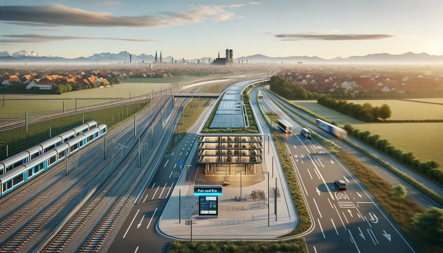 DALL·E 2024-06-27 14.21.55 - A photorealistic image of a German highway with at least four lanes, featuring a multi-track railway line intersecting the highway at a right angle, w