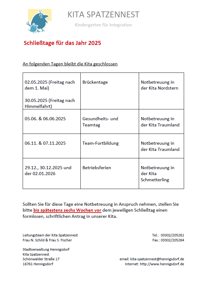Schließtage 2025
