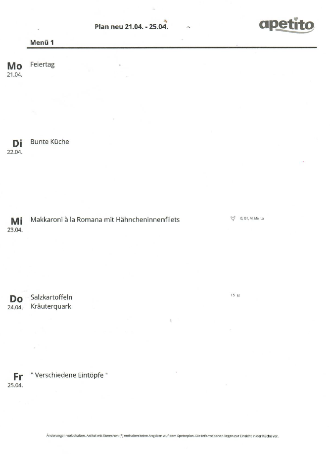Speiseplan in der Woche vom 22.04.2025 bis zum 25.04.2025