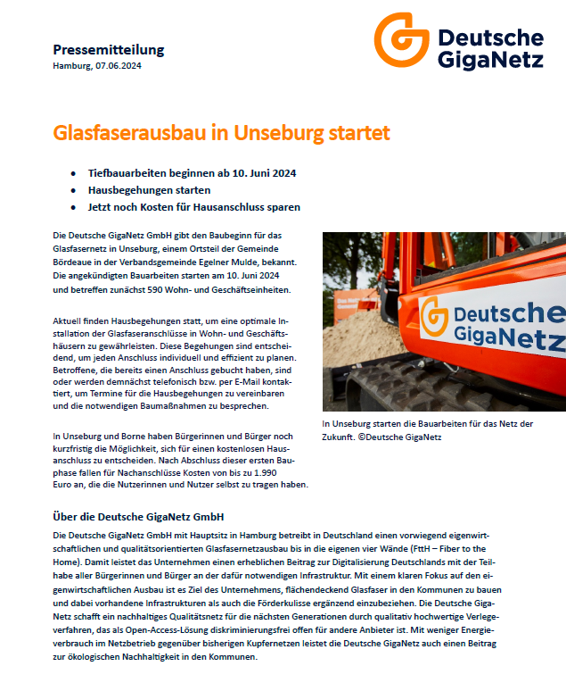 Deutsche Giganetz beginnt mit Ausbau in Unseburg