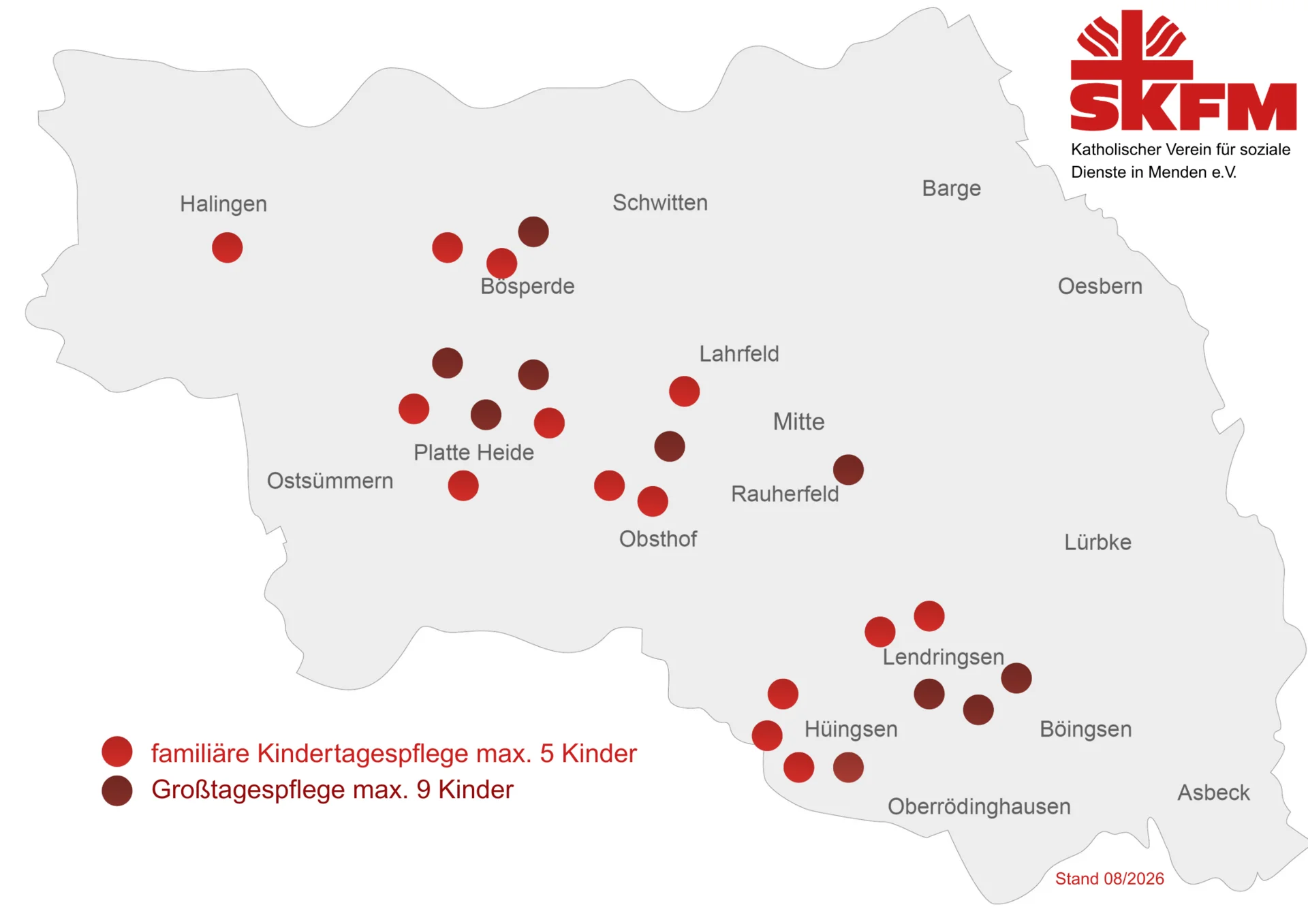 Foto des Lageplans der Kindertagespflegestellen in Menden. Auf einer Karte stehen die Stadtteil und rote Punkte, an den Stellen, an denen eine Kindertagespflegestelle ist.e
