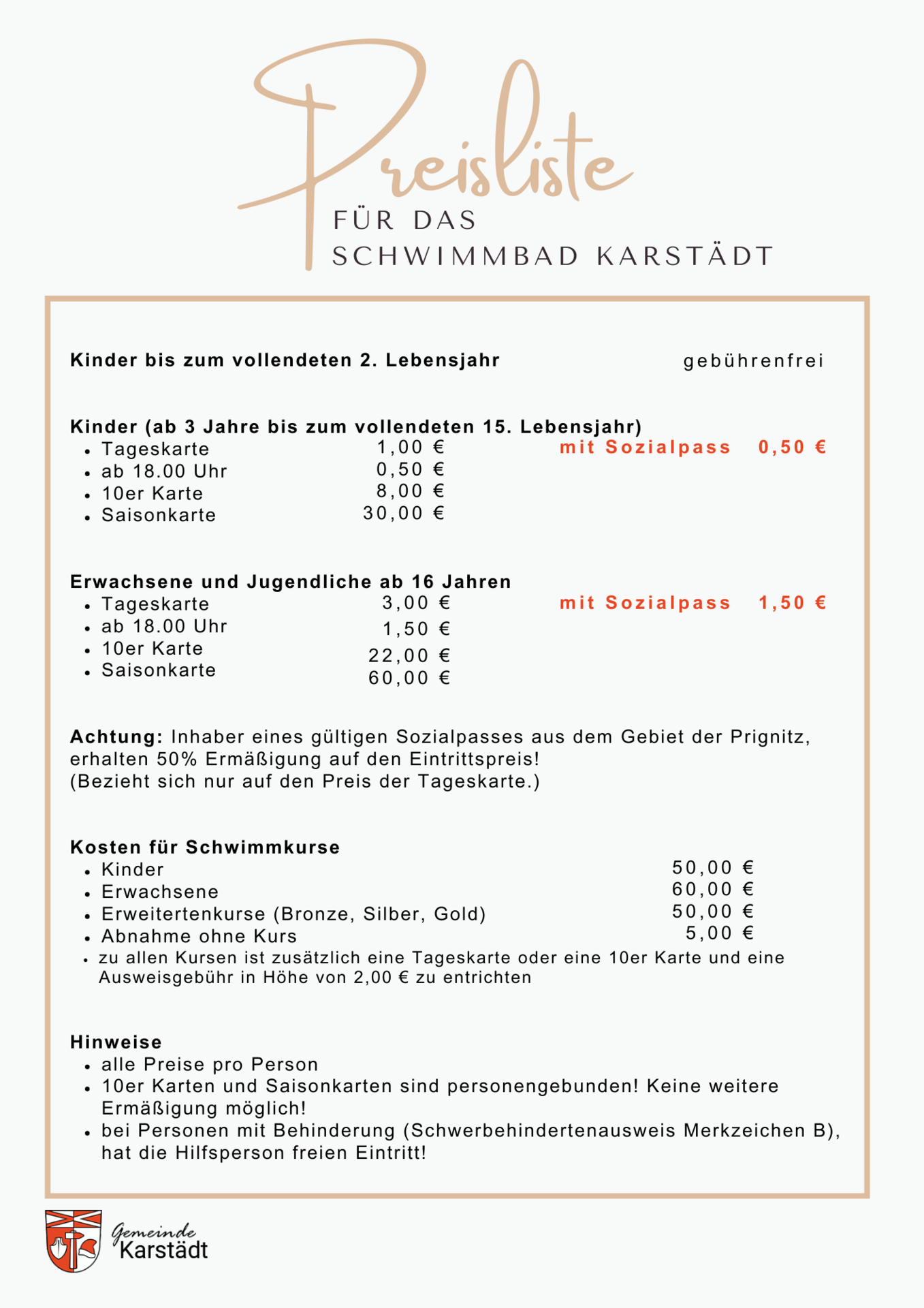 Preisliste Schwimmbad