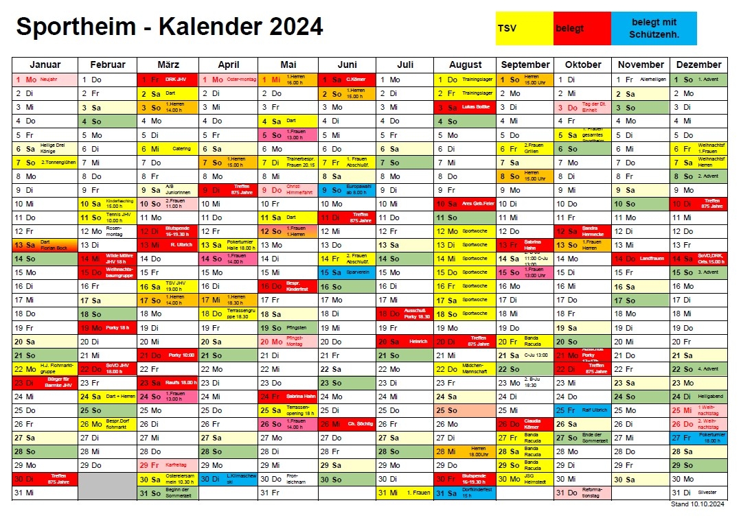 Sportheimkalender 2024 TSV Barmke Stand 10.10.2024